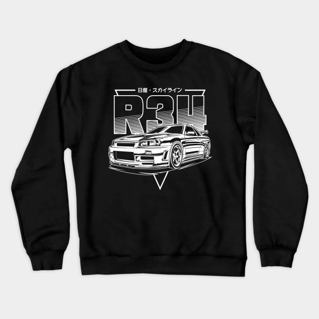 Skyline GTR R34 (White Print) Crewneck Sweatshirt by idrdesign